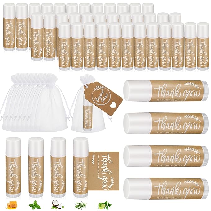 Leelosp Wedding Thank You Lip Balm Bulk Small Natural Moisturizing Mini Balm Lip Care Product Include Organza Bag and Appreciation Card for Women Baby Shower Favors, 5 Fragrance(50 Sets)