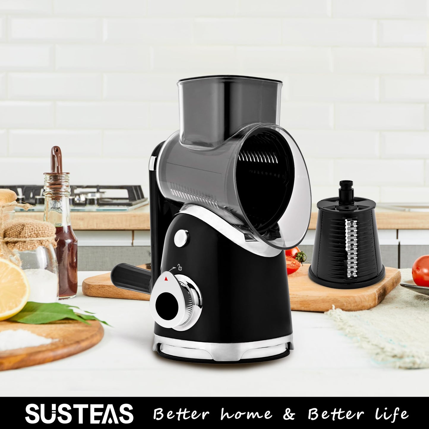 SUSTEAS Rotary Cheese Grater with Handle,Vegetable Slicer with 6 Interchangeable Blades, Reinforced Suction,Easy to Clean,Kitchen Shredder for Crushed Ice,Fruits and Nuts with Blade Storage Case,Black