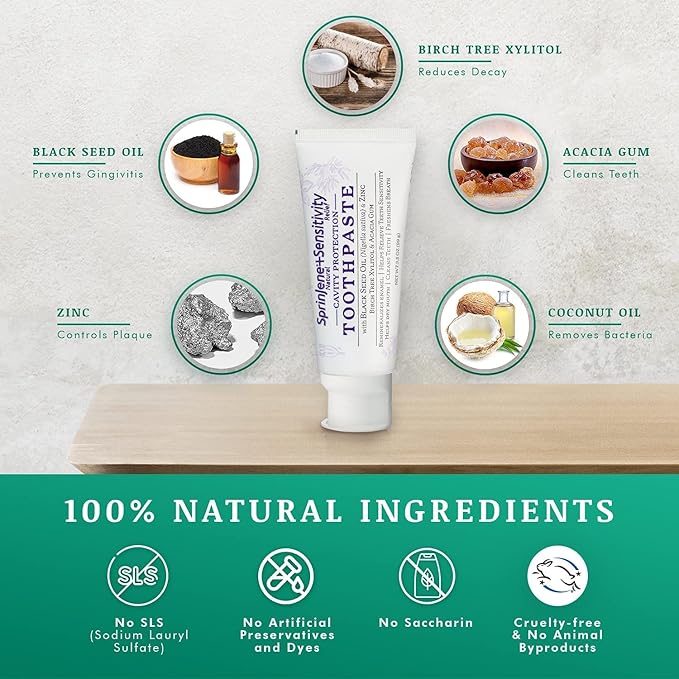 SprinJene Natural Sensitivity Relief, Fluoride Toothpaste for Sensitive Teeth & Gum (1 Pack) + Electric Toothbrush with Wireless Charger & 2 Replacement Heads