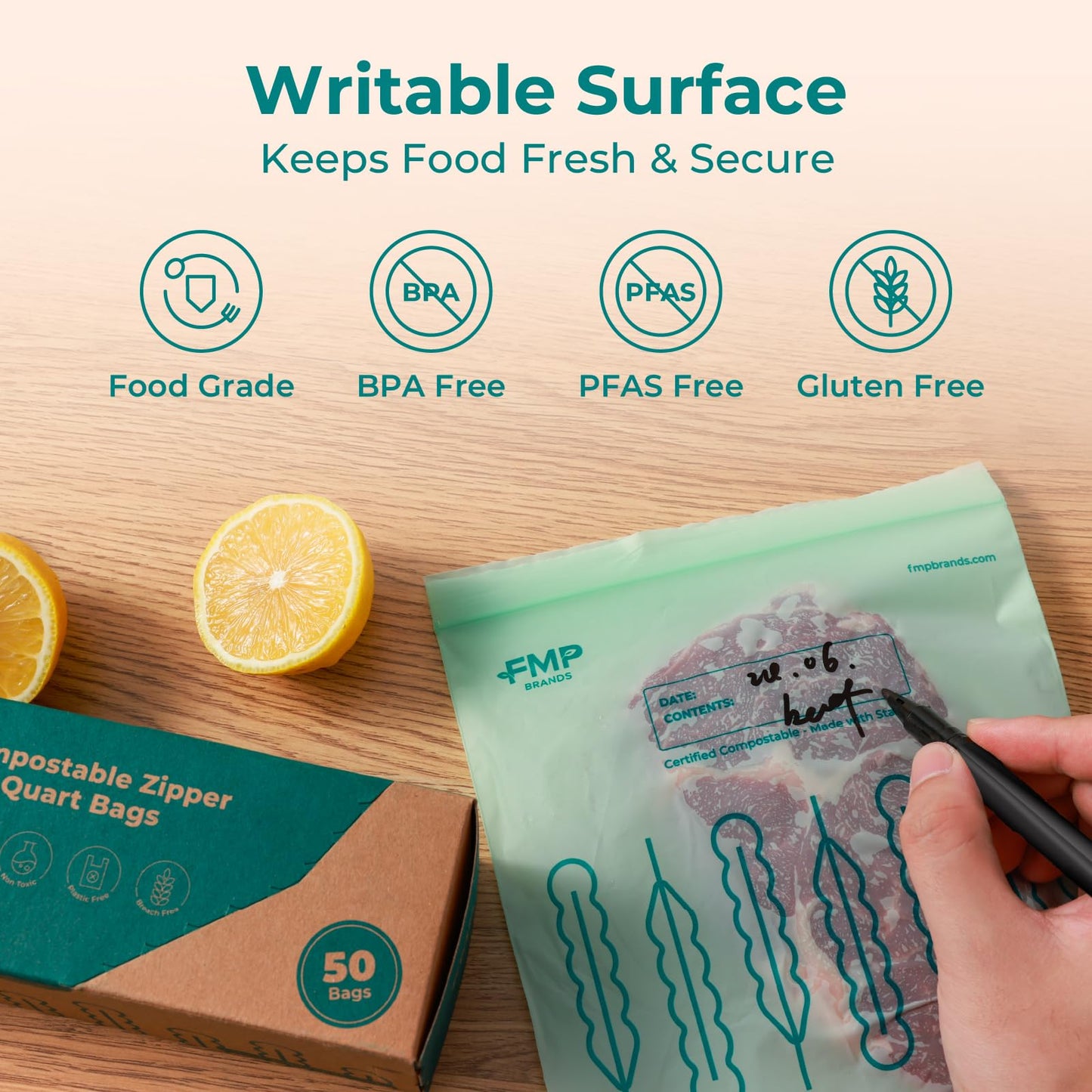 Fit Meal Prep 100% Compostable Food Storage Bags Set, Resealable Bags Plant-Based Freezer Bag for Food, ASTM D6400, US BPI & EU OK Compost Certified