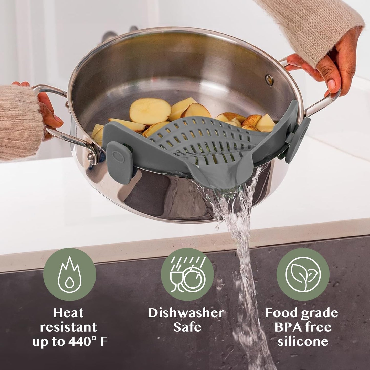 Kitchen Gizmo Snap N' Strain - Silicone Pasta Strainer Clip-On for Pots and Pans - Heat Resistant Colander for Vegetables and Noodles - Kitchen Gadgets for Cooking - Space-Saving Design - Gray