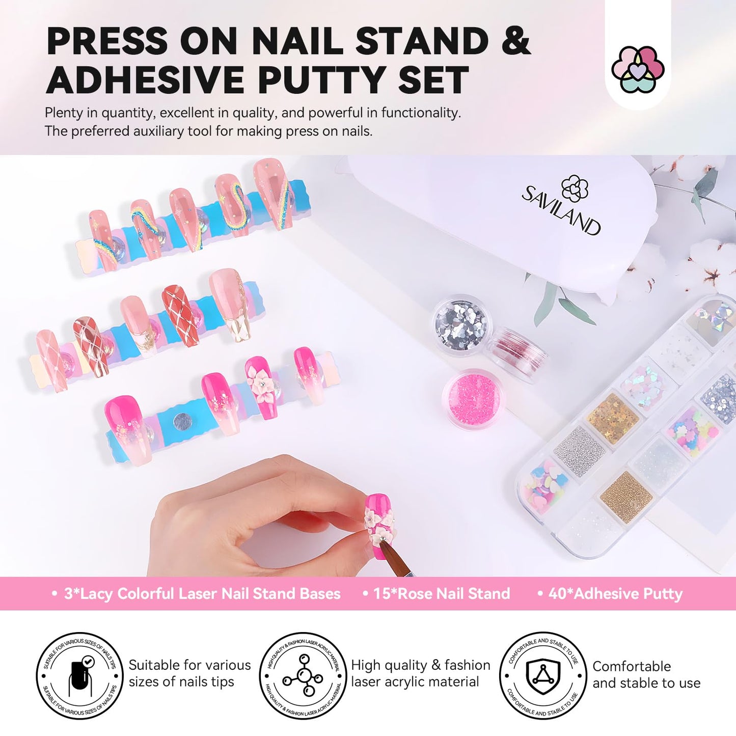 SAVILAND Nail Stand for Press On Nails Display:15pcs Nail Stand Set 3X Strong Magnet Fake Nail Holder Painting Strong Nail Glue for Acrylic Nails Press On Nails: Extra Strength Nail Glue 5 g