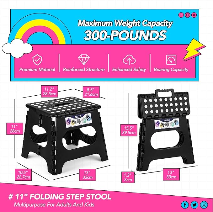 Delxo Folding Step Stool 11 Inch 2 Pack, Black Non-Slip Foldable Stools for Kids & Adults Up to 300 LBS, Step Stool with Handle, Lightweight for Kitchen/Bathroom/Bedroom/Garden
