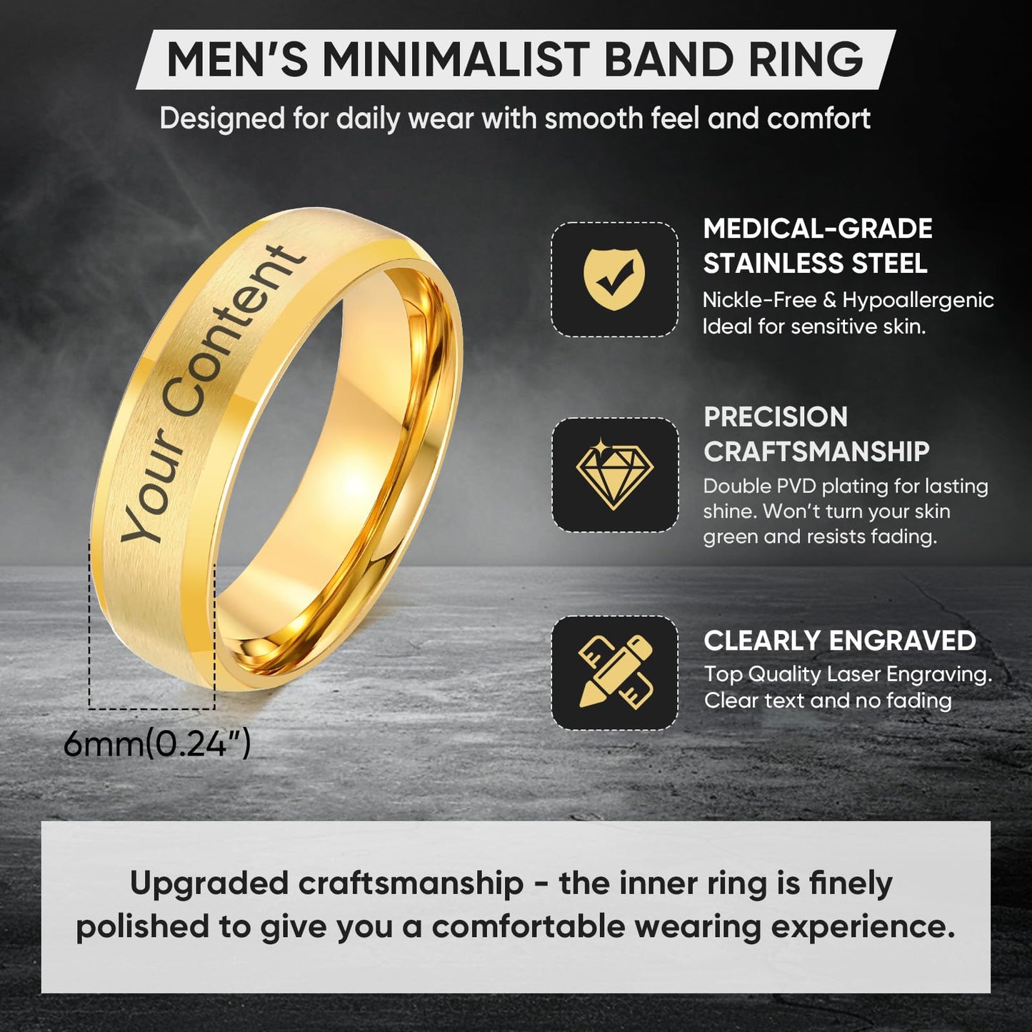 VNOX Customize Gold Plated Stainless Steel Beveled Edge Matte Brushed Finish Rings for Wedding Band,Size 11