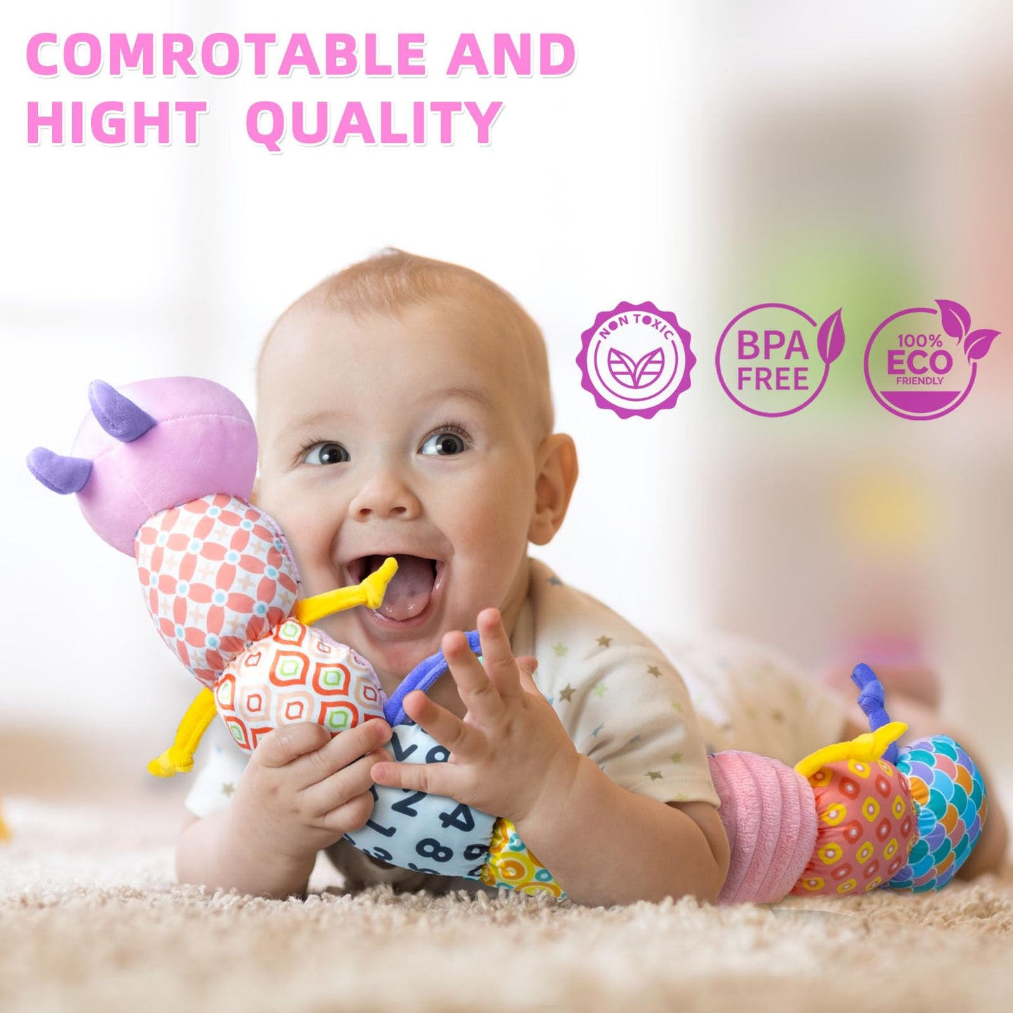 Baby Infant Musical Toy Soft Stuffed Animal Toy with Multi Textures,Rattle,Crinkle,Newborn Baby Toy for 0 3 6 9 12 Months Girls Boy Gift,Caterpillar，Pink