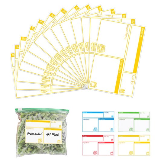 100pcs Labels for Freezer Bags Freezer Meal Labels with Instructions 3.2 X 5 inch Oil and Water Resistant Labels Food Labels for Freezer Storage for Leftovers in Fridge Removable Freezer (Yellow)