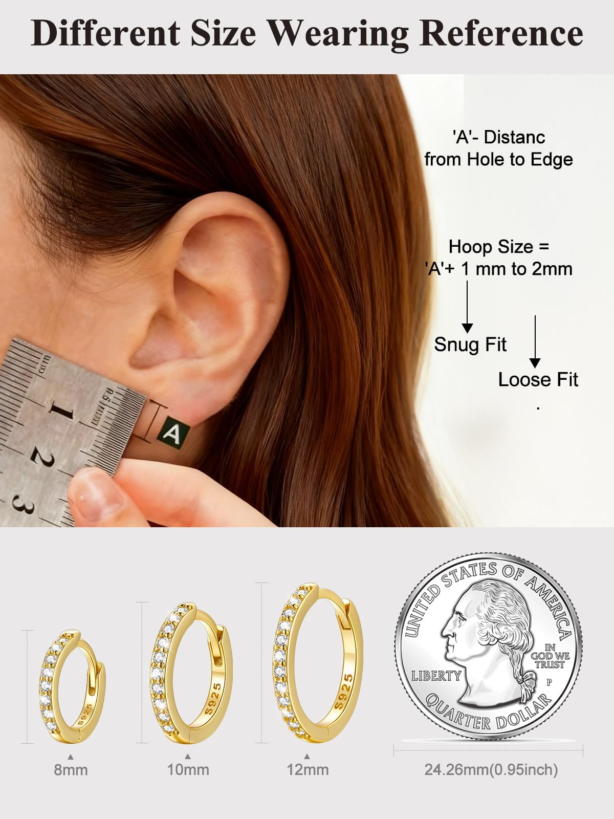 SILVERCUTE 925 Sterling Silver Huggie Hoop Earrings for Women,Hypoallergenic 14K Gold Plated Small Hoop Earring Cubic Zirconia Cartilage Earring Lightweight Huggies Earrings for Women,8/10/12mm
