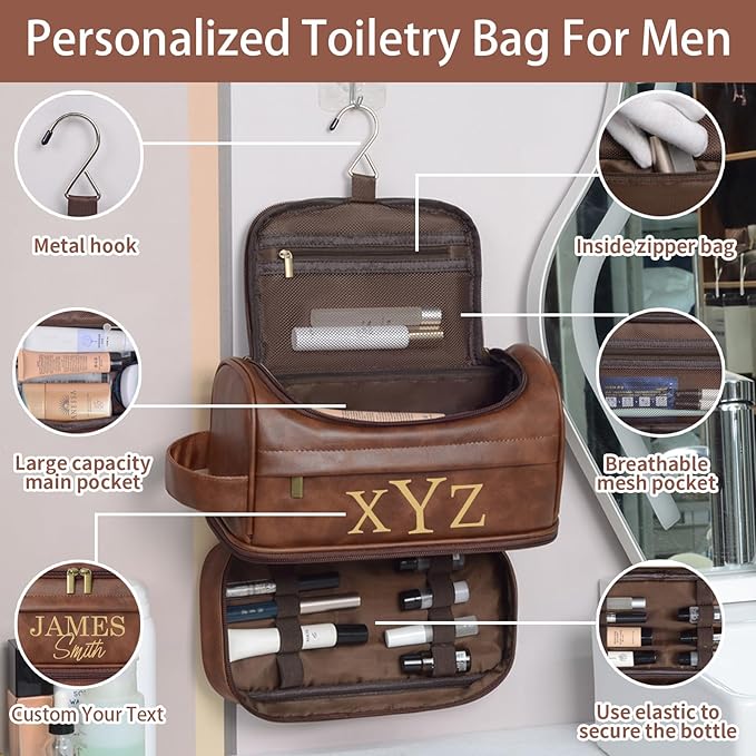 Personalized Toiletry Bag For Men, Large Capacity Travel Doop Kit, Vintage Color PU Leather, Custom Name Initials, Gifts for Dad, Husband, Boyfriend, Groomsmen, Birthday (Style 3)