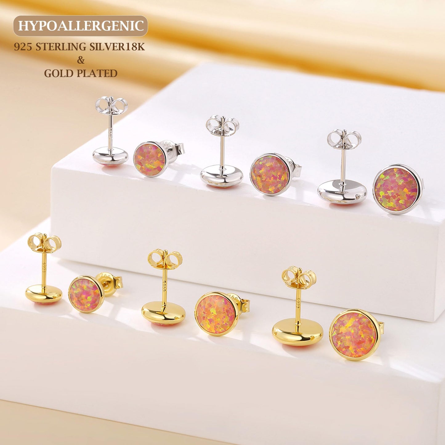 JiayangJY Silver Red Fire Opal Stud Earrings for Women 18K Yellow Gold Plated Sterling Silver Round Shape 7mm Opal Earrings with Push Back