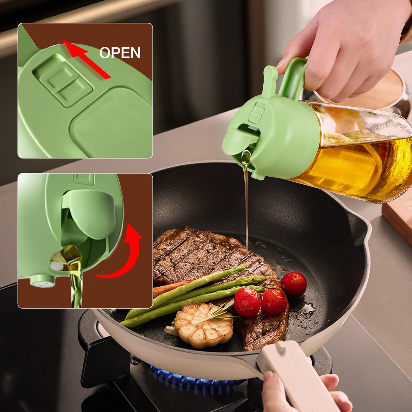 YARRAMATE 16oz/470ml Glass Olive Oil Sprayer for Cooking with Stickers, 2 in 1 Oil Dispenser for Kitchen Gadgets, Food Grade Premium Spray Bottle with Portion Control for Salad, Frying, BBQ (Green)