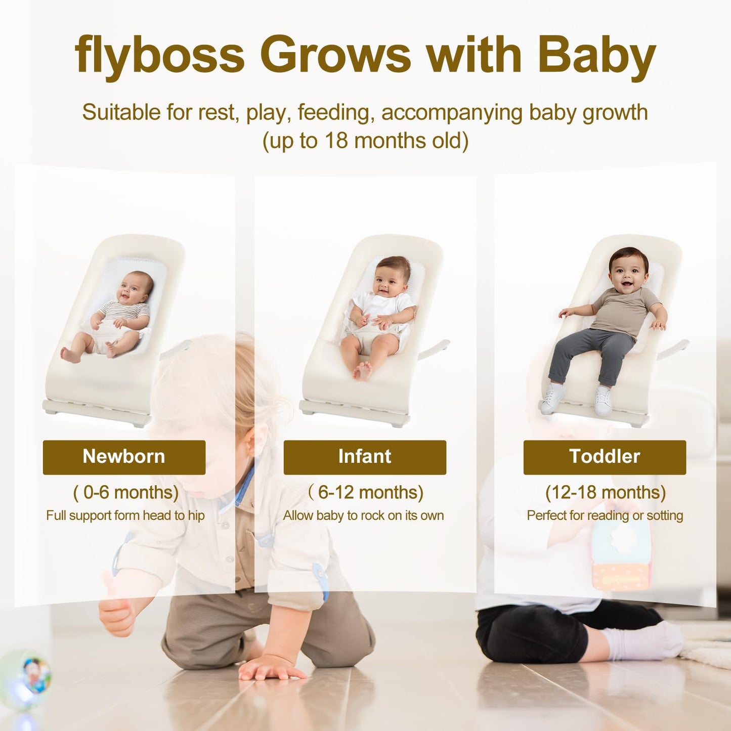 3-in-1 Portable Baby Bouncer & Rocker Chair for Newborn to Toddler - 4 Adjustable Recline Positions, Breathable Cotton Fabric, Natural Vibration, Supports Up to 33 lbs (Oatmeal Khaki)