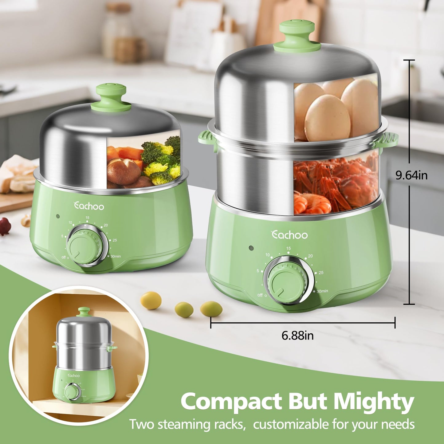 Hard Boiled Egg Cooker - CACHOO 14-Egg Rapid Stainless Steel Egg Boiler with 30-Min Timer & Auto Shut Off, Compact Electric Vegetable Steamer for Cooking, Dishwasher Safe, Retro Green