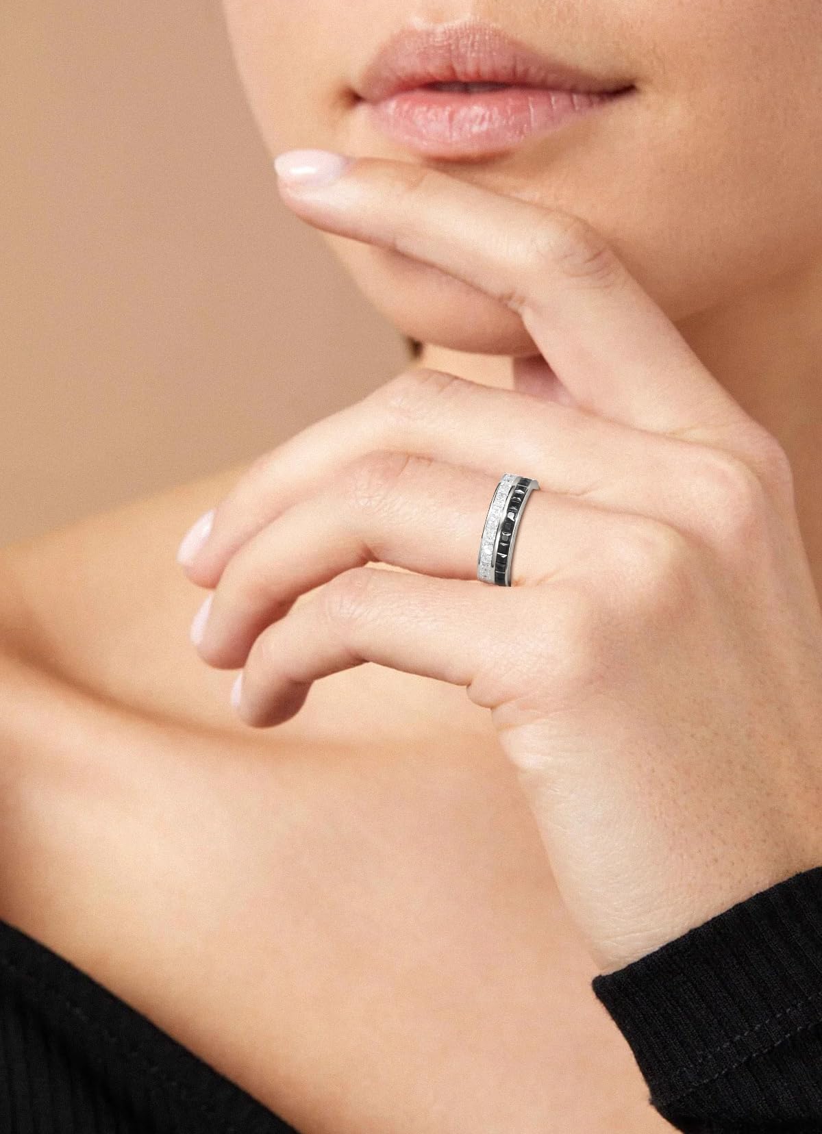 Frbod Womens Black Diamond Ring Moissanite Wedding Band Princess Cut Diamond Band Chunky Sterling Silver Rings Size 5