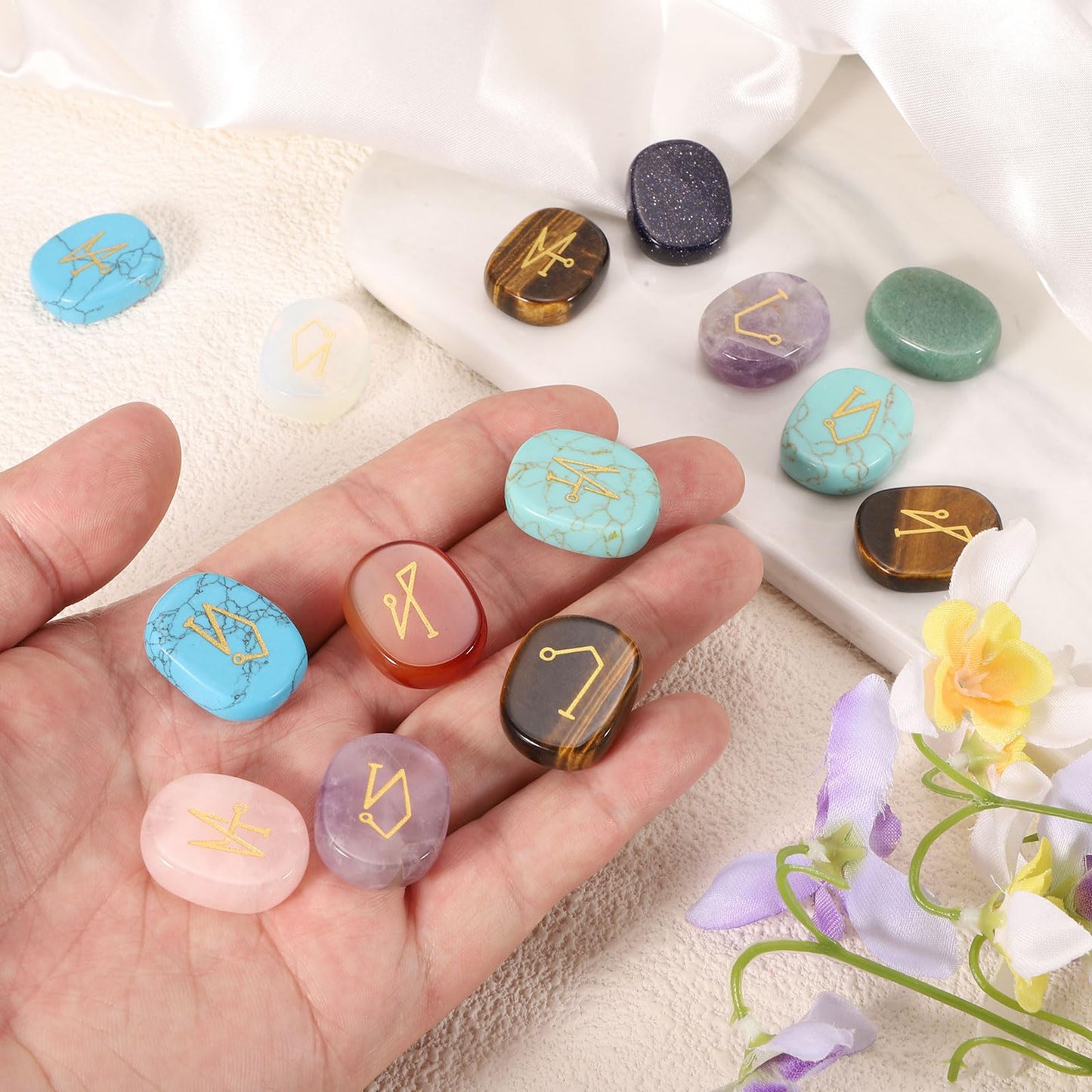 MECCANIXITY 4Pcs Engraved Chakra Stones with Reiki Symbols, Landscape Jasper Reiki Healing Crystal Gemstone 7 Chakra Crystal Stones Tumbled Palm Stone for Anxiety Relieve