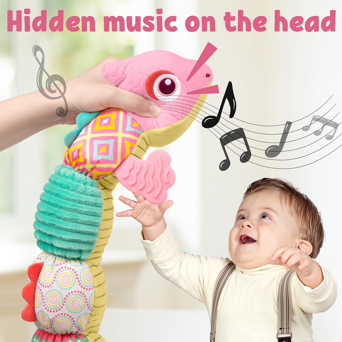 LIGHTDESIRE Baby Toys Musical Dinosaur,Infant Stuffed Animal Toys with Crinkle and Rattles,Soft Sensory Toys with Textures for Tummy Time Newborn Boys Girls 0 3 6 12 Months(Pink)