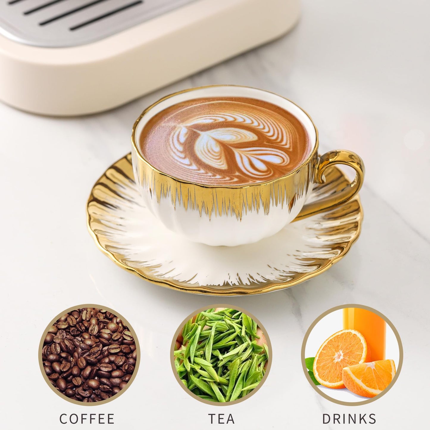 LETAOTAO Cappuccino Cups with Saucers, 7 oz Porcelain Double Espresso Cups Set, Ceramic Turkish Coffee Cups with Gold Trim, Tea Cups Set of 6, Cafe Cups for Latte, Mocha, Au Lait, White