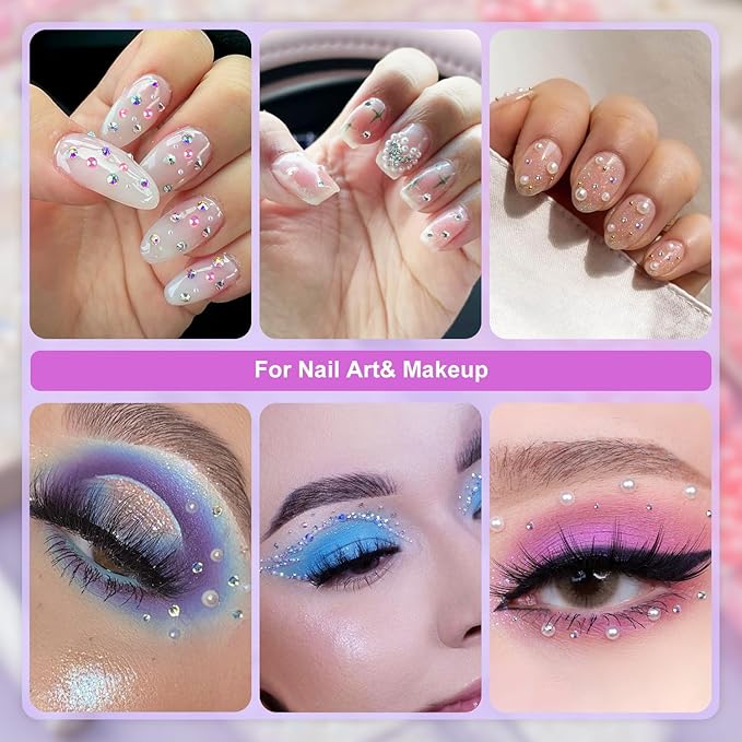 2 Boxes Flat Back Pearls Kit 18 Flatback Pink&Light Blue Half Round Pearls 2-8mm with Pickup Pencil and Tweezer for Home DIY and Professional Nail Art, Face Makeup and Craft