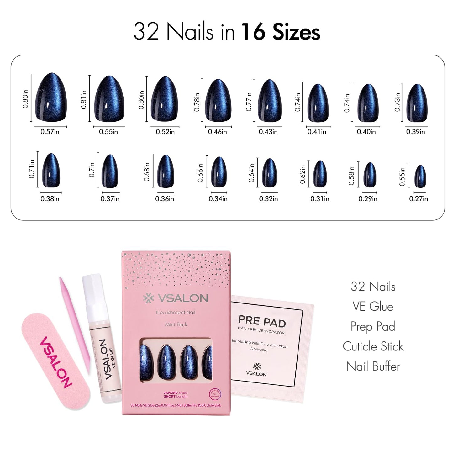VSALON Press on Nails Short Almond - Deep Blue Cat Eye & Hot Pink French Tip