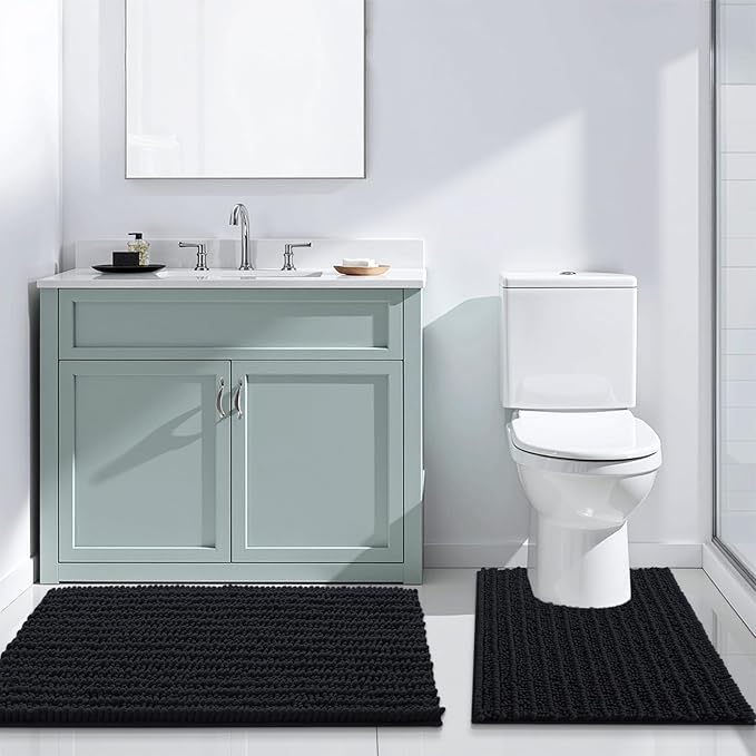 Arotive Luxury Chenille Toilet Rugs U-Shaped, Extra Soft Thick Absorbent Bathroom Mat, Non-Slip Shaggy Plush Contour Rugs, Machine Wash Dry Bath Mat for Toilet Base, 24x20, Black