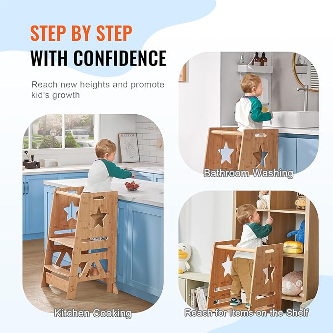 VEVOR Tower Step Stool, 3-Level Height Adjustable Toddler Step Stools for Kids, Bamboo Kitchen Stool, Kids Standing Tower Learning Stool with Safety Rail for Kitchen Counter Bathroom, 350LBS