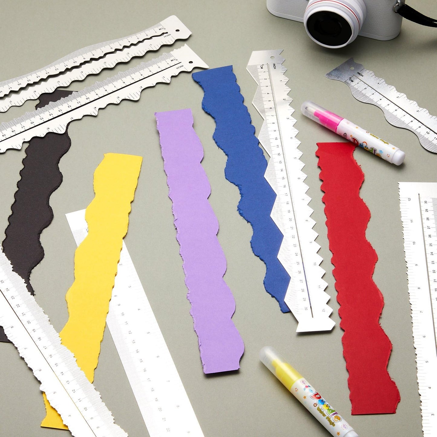 Henoyso 7 Pcs Metal Paper Tearing Ruler Deckle Edge Craft Stainless Steel Paper Cut Tool 12 Inch Irregular Edges Ruler Measurements Tool with 2 Watercolor Pen for Craft School Scrapbook