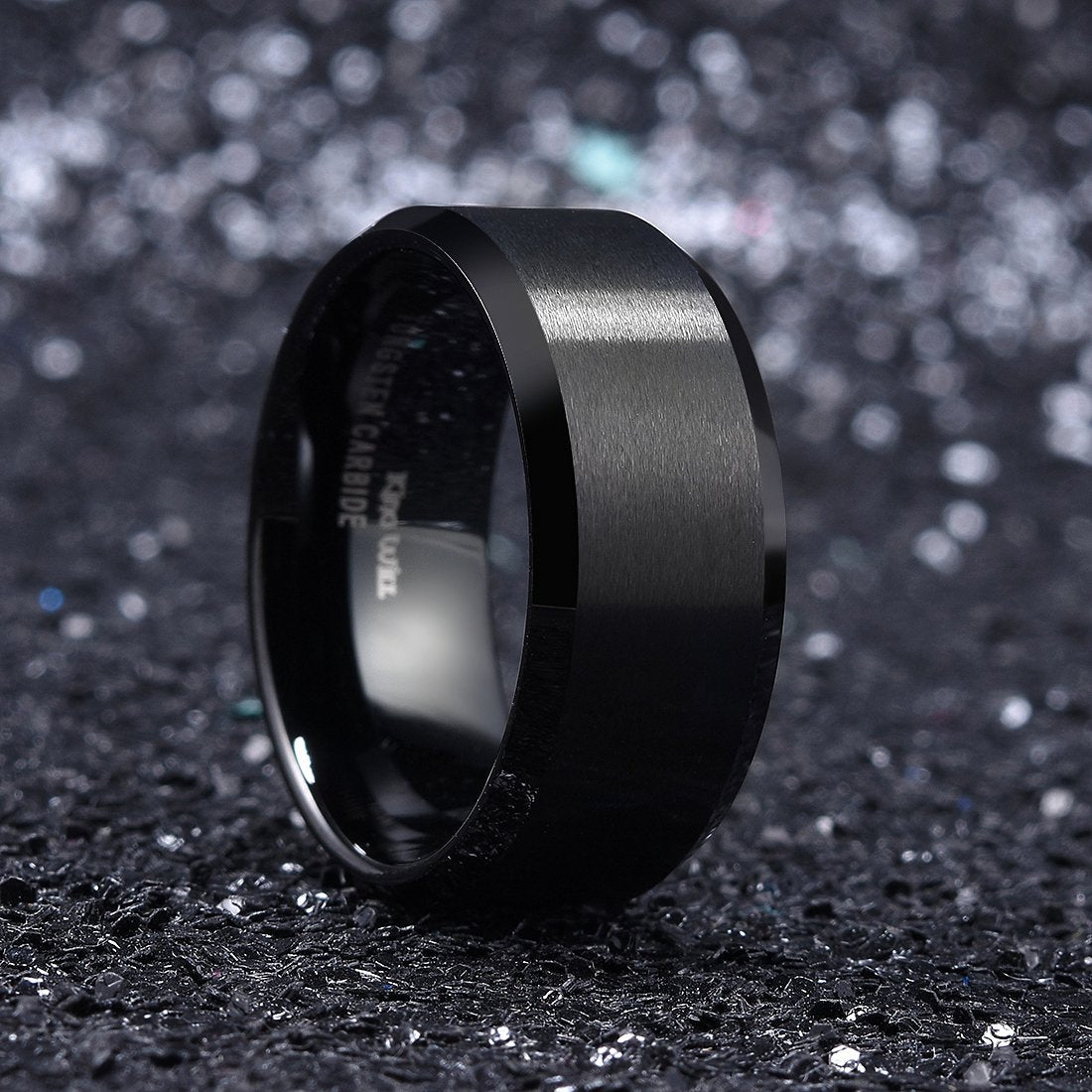 King Will 10mm Men's Black Wedding Ring - Brushed Matte Surface, Beveled Polished Edge, Comfort Fit Size 9.5
