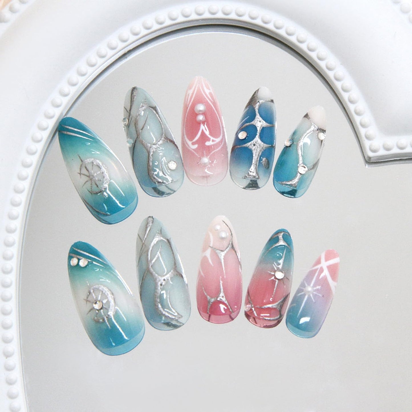 24Pcs French Tip Press on Nails Almond Medium Fake Nails with Irregular Line Star Pearl Gradient Blush False Nails Glossy Full Cover Artificial Glue on Nails Cute Stick on Nail for Women DIY Manicure