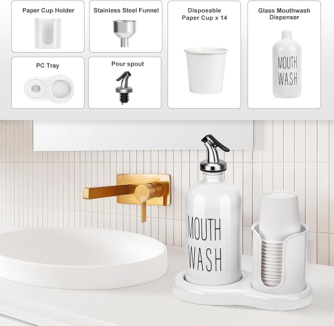 Mouthwash Dispenser for Bathroom,BYAWAY Mouthwash Dispenser with Cup Holder,14 Mouthwash Cups and Funnel,Refillable Glass Mouthwash Container (White)