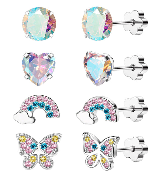 EQFE 4Pairs Hypoallergenic Earrings for Women 14K Gold Flat Back Earrings 20G Screw Back Cartilage Earring for Sensitive Skin CZ Heart Butterfly 316L Stainless Steel Stud Earrings