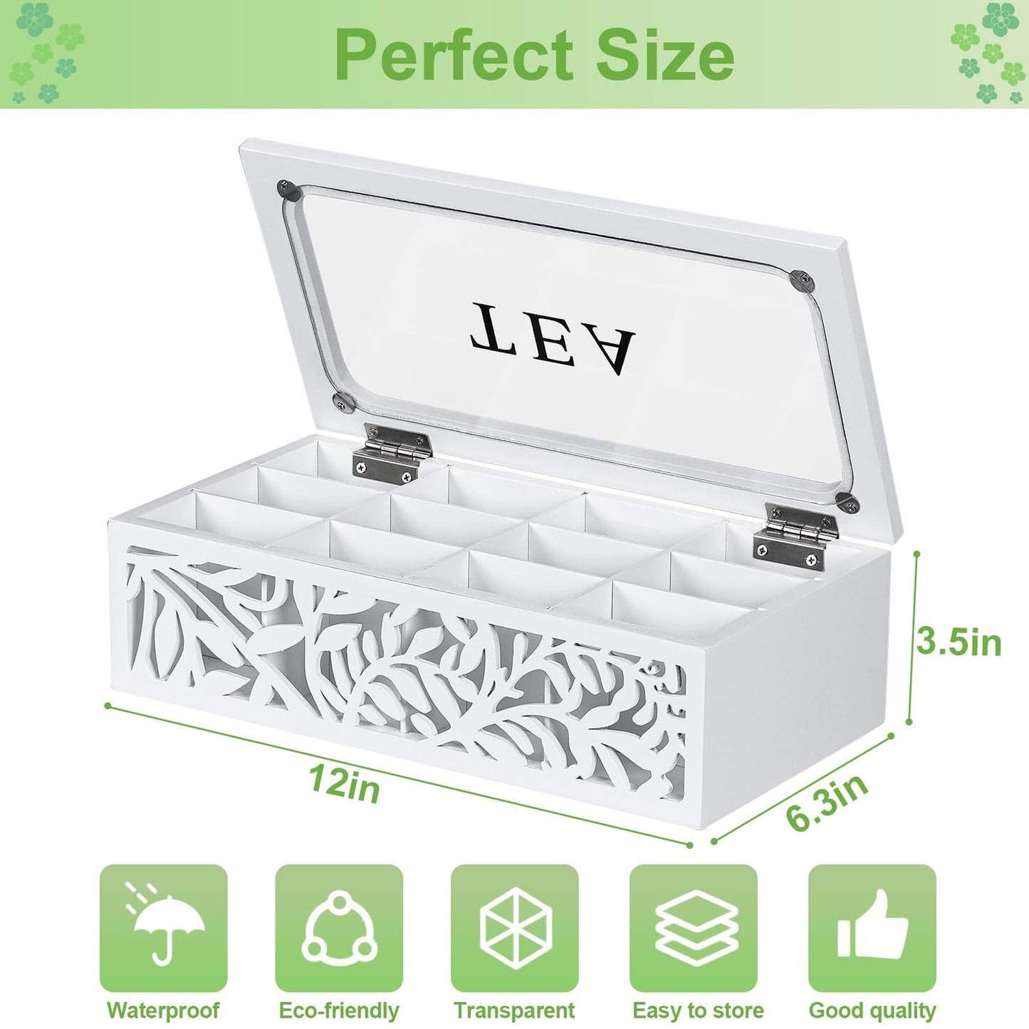 handrong Tea Box Organizer,Wood Tea Organizers and Storage,12 Compartments Teas Bag Organizers,Teas Bag Holder Organizer,Wooden Storage Box for Countertop Kitchen Cabinet Pantry