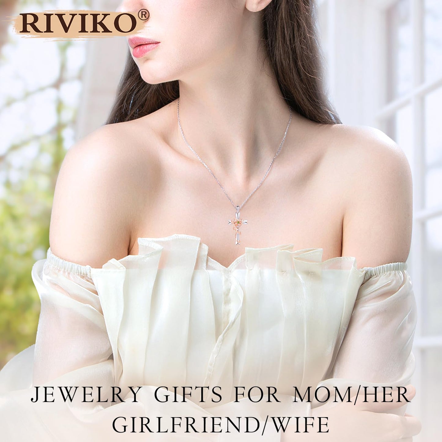 RIVIKO 925 Sterling Silver Cross August Birthstone Necklace for Women Cross Rose Pendant Necklaces Trendy Christmas Anniversary Valentine's Day Jewelry Birthday Gift for Women Her Wife