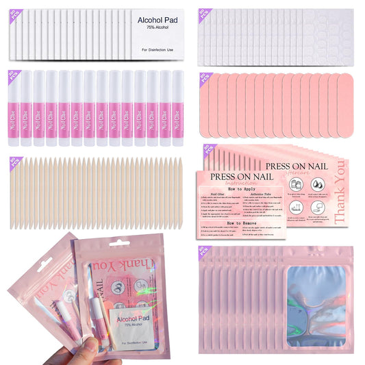 Disposable Nail Supplies Kits,Professional Manicure Press On Nail Tool Kit with Nail File,Adhesive Tabs,Nail Glue,Sticks, Prep Pads,Bags,Cards for Nail Business (140pcs20set-pink)