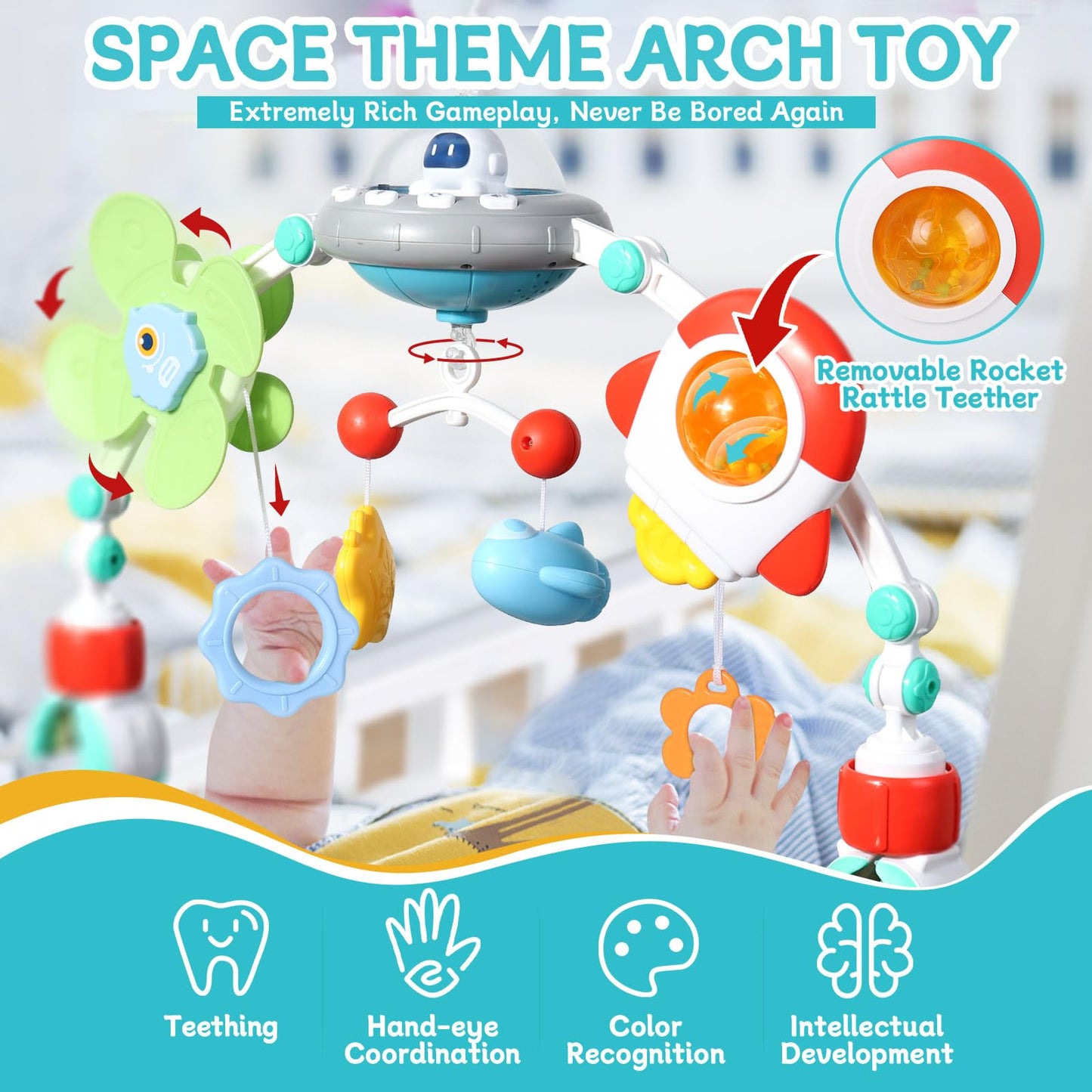 Orzbow Stroller Arch Toy for Baby, Musical Carseat Toys Hanging with Teething, Baby Mobile for Crib Bassinet Car Seat and Bouncer, Car Seat Activity Toy for Babies 0-12 Months