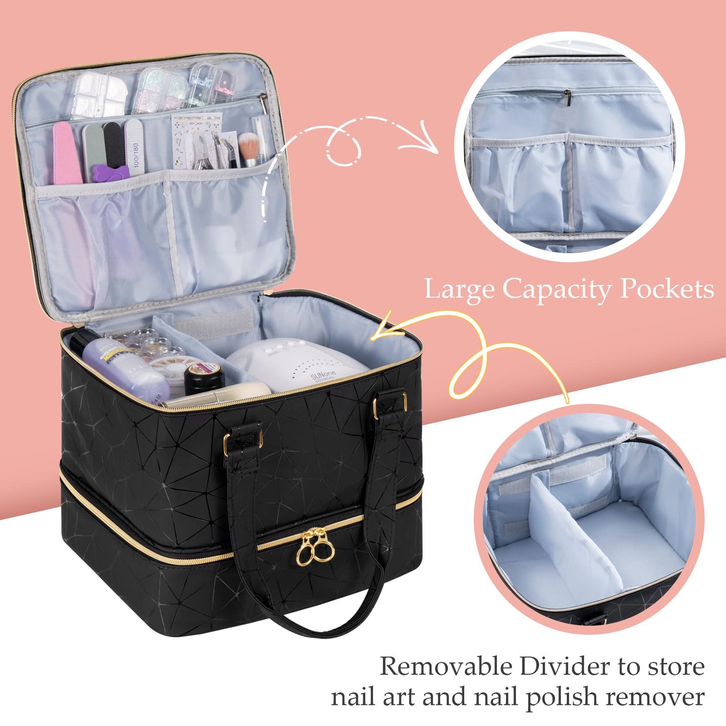 Uross Nail Polish Organizer Bag Holds 42 Bottles Nail Polish & Nail Lamp, Gel Nail Polish Organizers and Storage box for Nail Tech, Nail Kit Supplies Organizer Case - Black