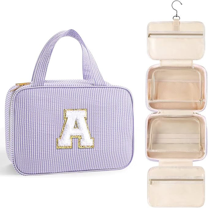TOPEAST Travel Hanging Toiletry Bag Initial Makeup Bag for Women Teen Girls - Birthday Gifts for Women Teen Girls, Preppy Gifts for Daughter Sister Friends Mom Her - Letter A, Purple