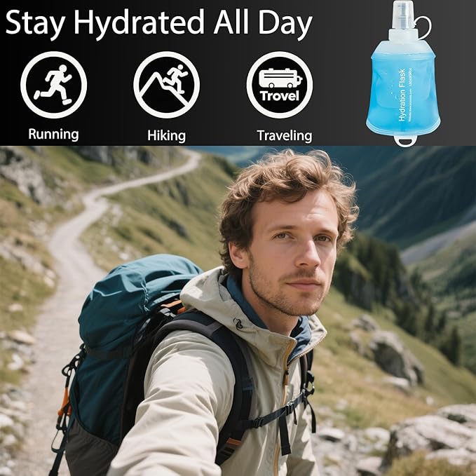 CLINTT 250ml Soft Flask, Foldable Running Water Bottle, TPU Folding Soft Water Flask, BPA-Free Collapsible Flask for Hydration Pack Running Vest, Cycling, Climbing, Hiking - 2Pcs, Blue