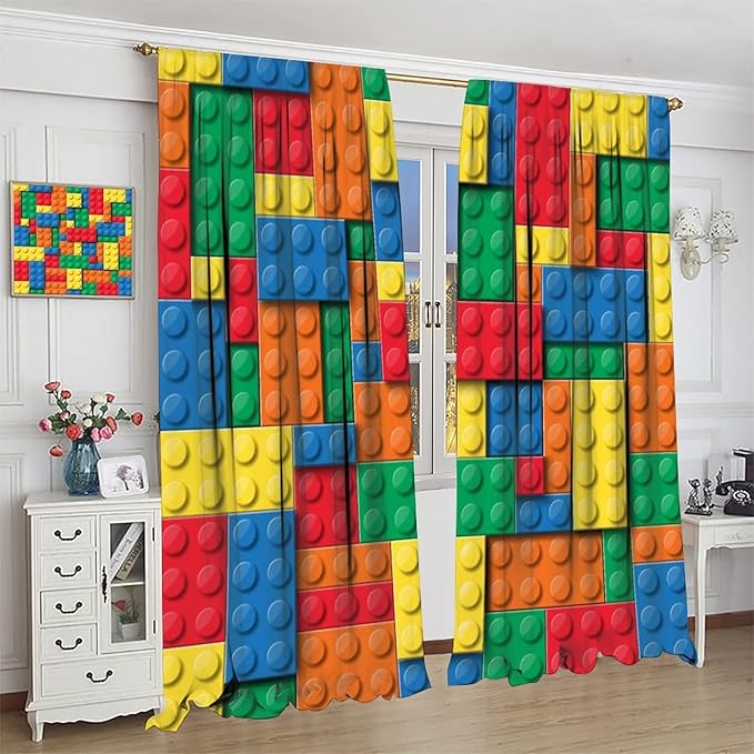 Building Block Toy Curtain Rod Pocket Children's Nursery Abstract Outline Colorful Toy Cartoon Theme Brick Geometric Print Curtain, Blackout Curtain for Boys and Girls Room 55x63in