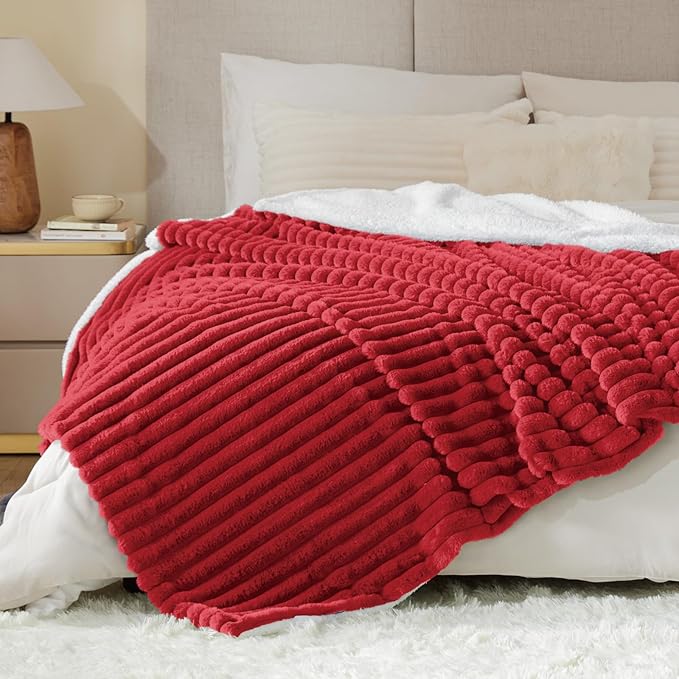 INFIIXSO Sherpa Fleece Queen Size Blanket - Super Soft & Warm Striped Fleece, Cozy Plush Fluffy Large Bed Blanket All Season Use (Red, 90x90 Inches)