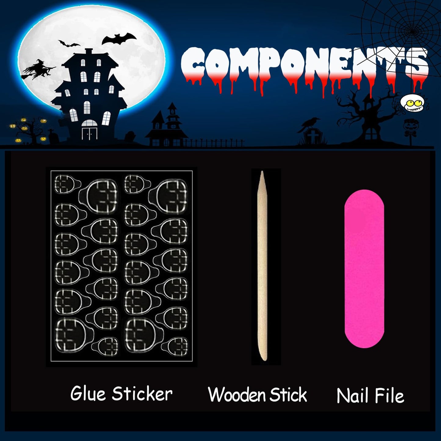 Halloween Press on Nails Long Coffin Fake Nails with Designs Spider Cobweb Ghost Pumpkin Glue on Nails Black French Tip False Nail Stick on Nail for Women Girls 24Pcs