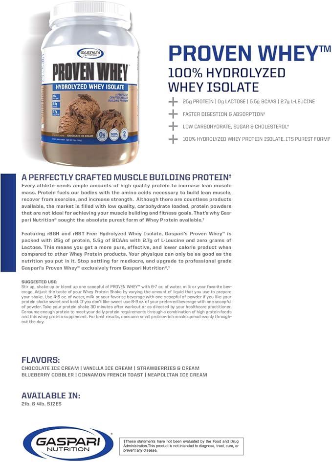 Gaspari Nutrition Proven Whey, 100% Hydrolyzed Whey Isolate, High Protein, Lactose Free, Low Carbohydrate and Low Sugar (2lb, Neapolitan Ice Cream)