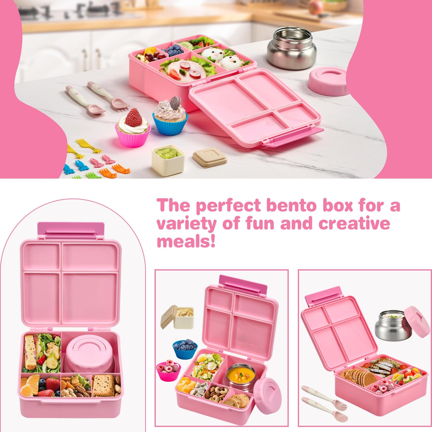Bento Lunch Box with 9.5 oz Soup Thermo, Kids Leakproof 4 Compartments Bento Box with Silicone Cupcake,Fruit Fork,Spoon and Sauce Cup,Insulated Food Jar for School Travel-Pink