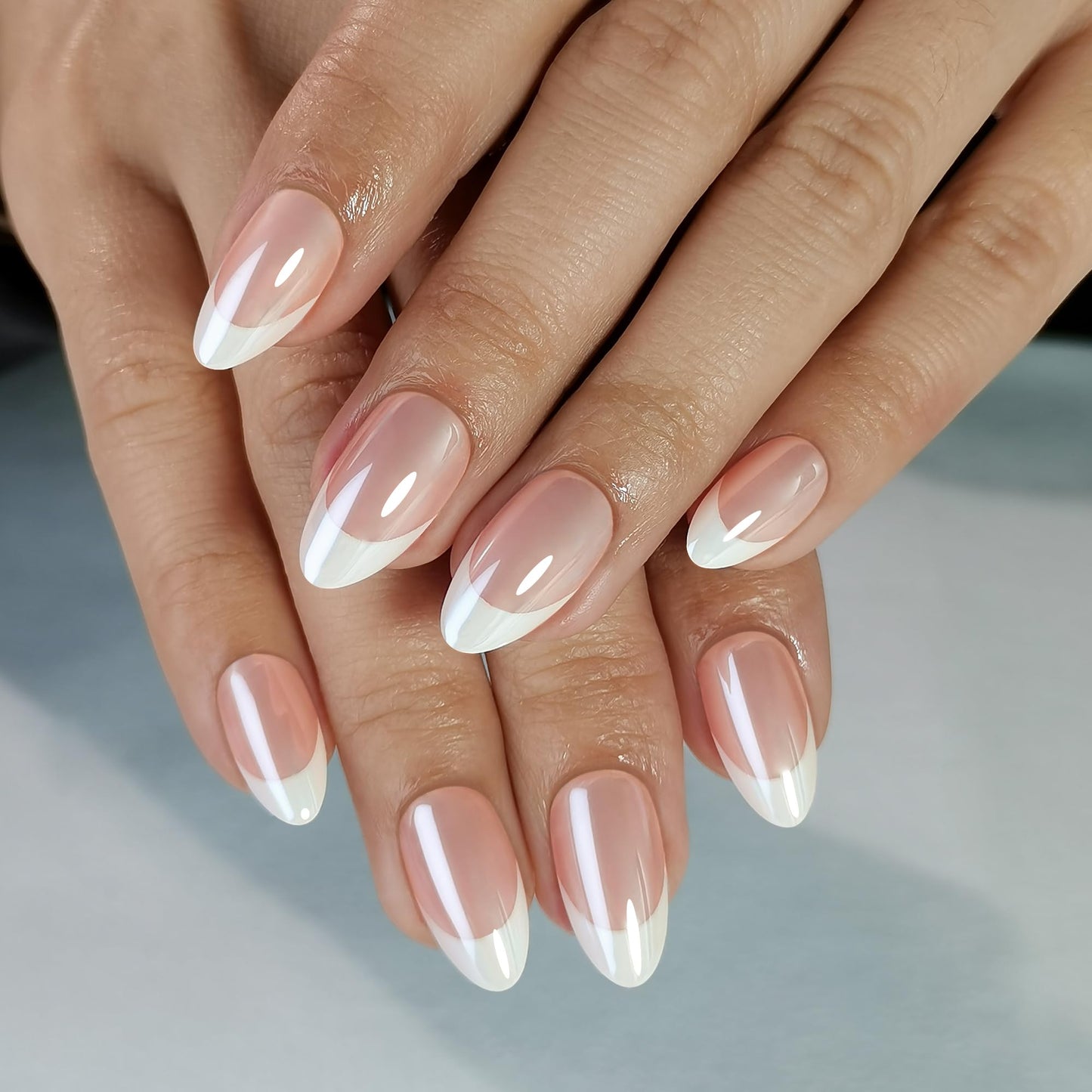 Short Square Press On Nails - Soft Gel Press on Nails Chrome Fake Nail Whit French Tip False Nails Fit Perfectly Reusable Glossy Glue On Nails in 16 Sizes, Stick on Nails for Women Girls 32Pcs