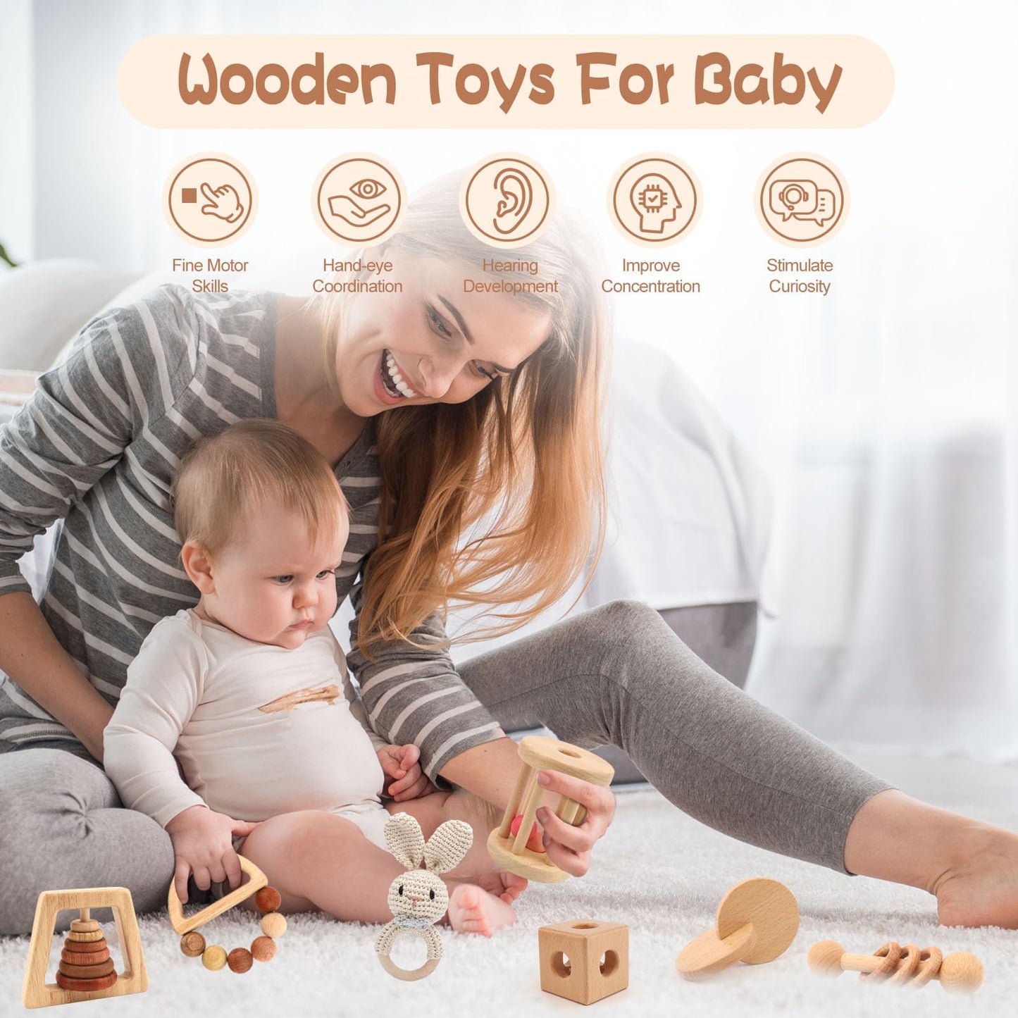 Wooden Baby Rattle, 7PCS Wooden Baby Toys for Babies 18-36 Months, Wood Montessori Toys with Crochet Rabbit Rattle for Infant Grasping, Gift for Baby Girls Boys