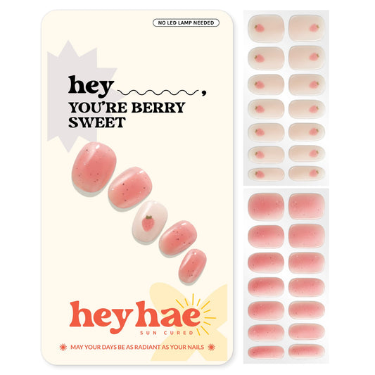 Heyhae Semi Cured Gel Nail Strips | No LED Lamp Needed | Glitter, Pink, Spring | Easy Apply & Remove, Salon Quality |Includes 28 Strips, 1 Prep Pads, Nail File & Wooden stick - Hey, You're Berry Sweet