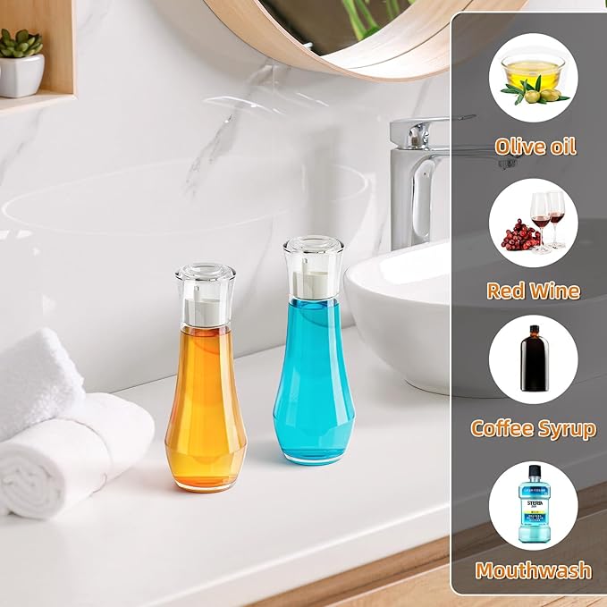 VITVITI Glass Mouthwash Dispenser for Bathroom, 8.8OZ Mouth Wash Container Bottle with Lid Cup, Small Clear Refillable Mouthwash Dispenser Decanter for Countertop