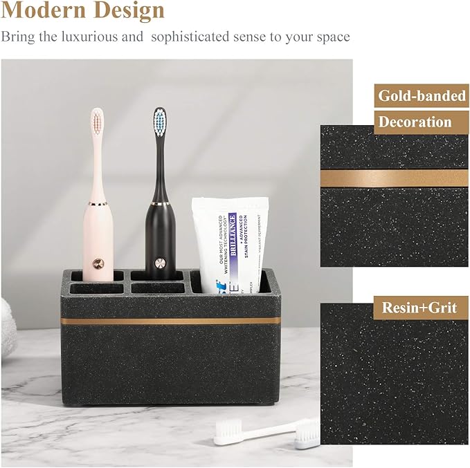 Shinowa Resin Toothbrush Holder, 5 Slots Hygienic Electric Toothbrush Holder Storage Stand Organizer for Toothbrush, Toothpaste, Razor, Gravel Black