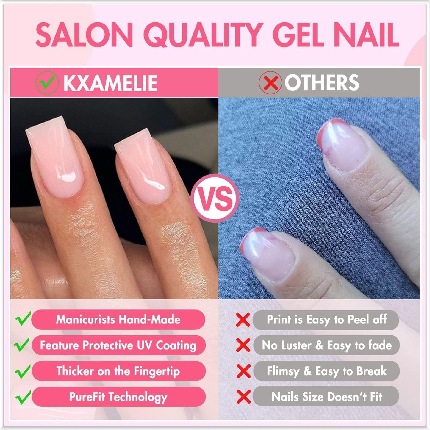 Lilac Press On Nails Short Square, KXAMELIE Natural Gel Nails Glue on Acrylic Nails Press ons Featured Protective Coat Thick Reusable Fake Nails Solid Color 24 Short Coffin Artificial Nails