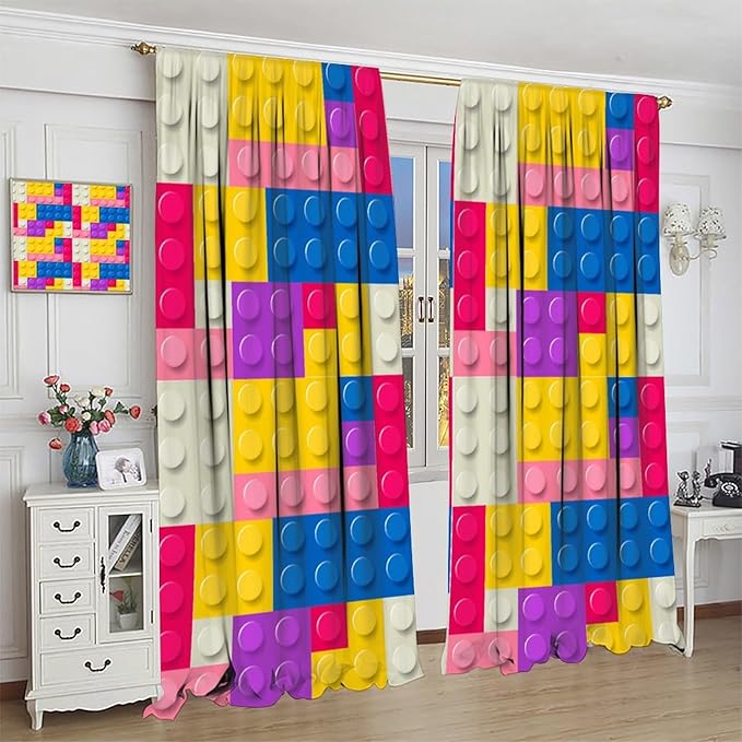 Kids Building Blocks Toy Curtains Children's Room Abstract Outline Colorful Plastic Toys Geometric Bricks Print Curtains for Boys Girls Nursery Curtains 52x84 Inches 2 Panels
