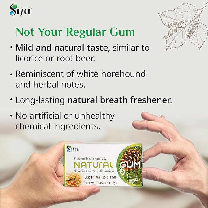 Sayan Sugar Free All Natural Gum, Siberian Pine Tree Resin and Beeswax Chewing Gum for Fresh Breath, Vegetarian, Non-GMO, No Sugar, Gluten Free, Aspartame Free, No Preservatives - 2 Packs (32 Pieces)