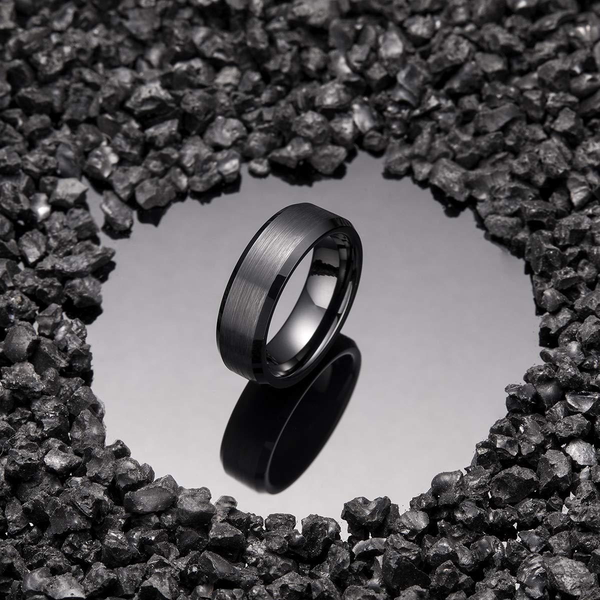 King Will 7mm Men's Black Wedding Ring - Brushed Matte Surface, Beveled Polished Edge, Comfort Fit Size 9.5